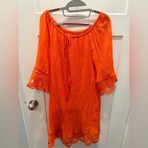 Mlle Gabrielle Orange Crochet Trim Tunic Top Size L Off Shoulder Boho Beach